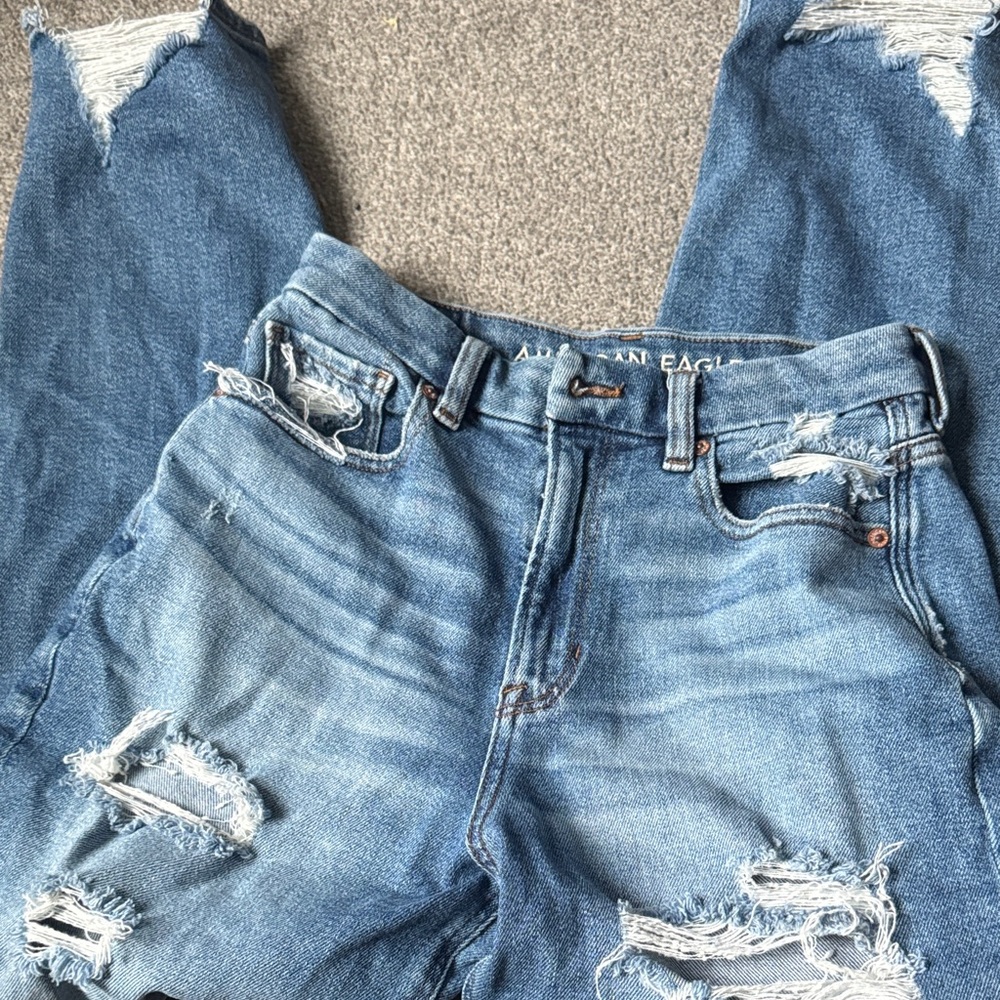 American Eagle Outfitters Women's Ripped Blue Curvy Mom Jeans- 4